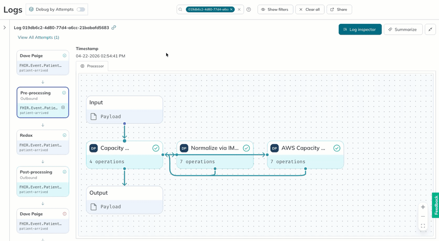 A user clicks the processor footer to expand and view operation nodes, then the user opens the details by clicking any node header.