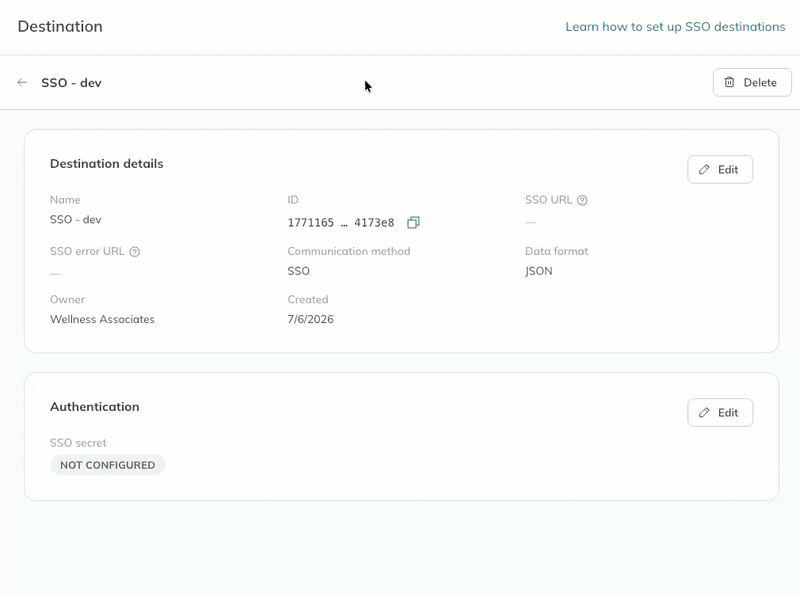 A user clicks the Edit button to make the SSO URL and SSO error URL fields editable. A user clicks the Edit button to make the SSO URL and SSO error URL fields editable.