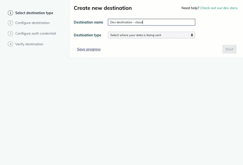 A user selects the cloud destination type and additional cloud settings appear. A user selects the cloud destination type and additional cloud settings appear.