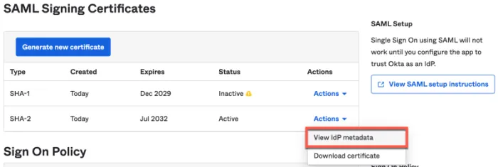 Okta: View IdP metadata for URL import option