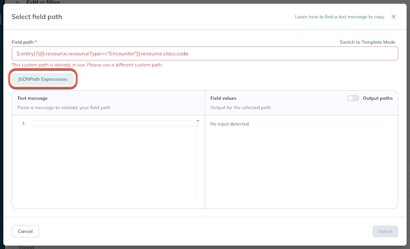 In advanced mode, the JSONPath Expressions help link appears below the field path.