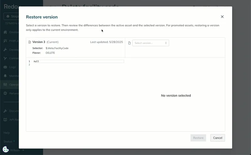 A user selects a version to restore and reviews the differences. A user selects a version to restore and reviews the differences.