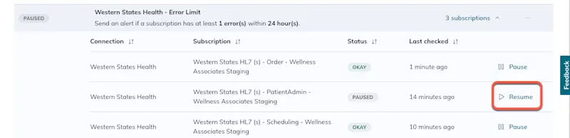 The Resume option appears on the right side of each paused subscription. 