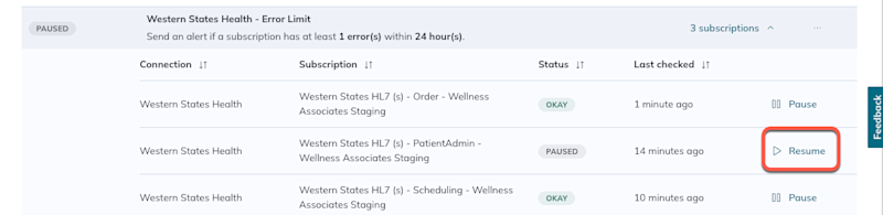 The Resume option appears on the right side of each paused subscription. 