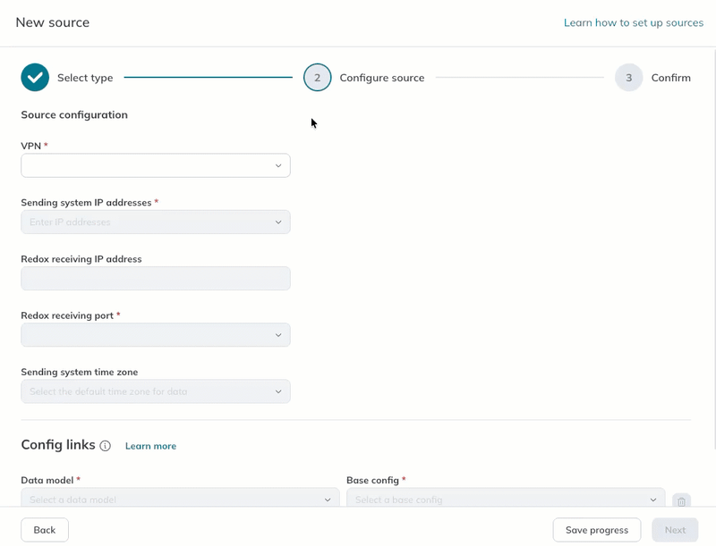 A user completes the MLLP source configuration in Step 2 of the source wizard.