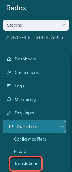 The Translations option is a sub-option under the Operations tab. 