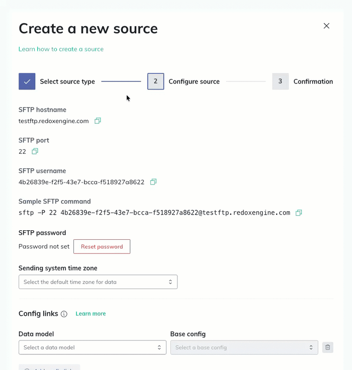 A user completes the SFTP source configuration in Step 2 of the source wizard.