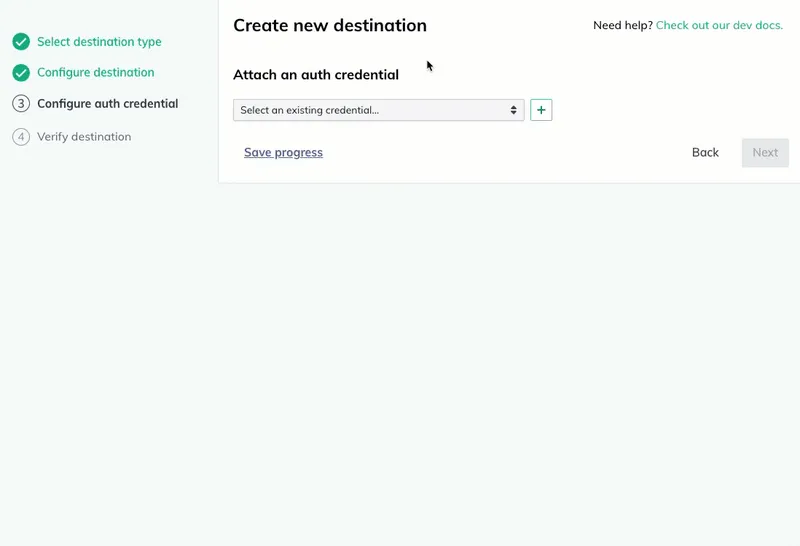 A user clicks the plus icon to add a new auth credential, then selects the verification token radio option. A user clicks the plus icon to add a new auth credential, then selects the verification token radio option.