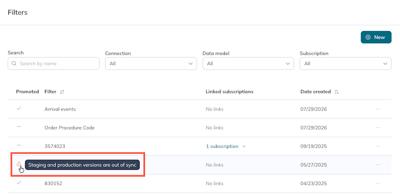 A warning appears on the filter table when a filter has out of sync versions. 