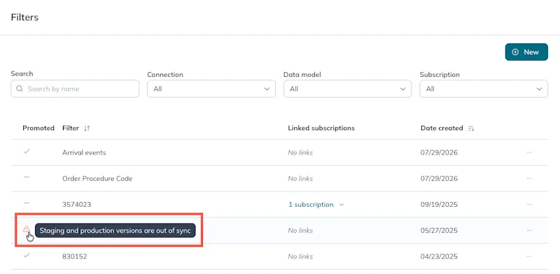 A warning appears on the filter table when a filter has out of sync versions. A warning appears on the filter table when a filter has out of sync versions.
