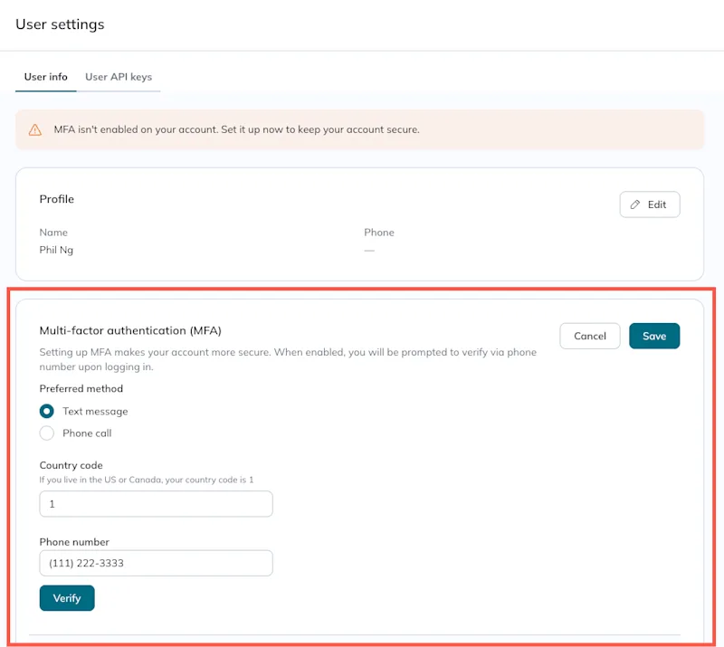 A user chooses text message for the verification method and enters their phone number.