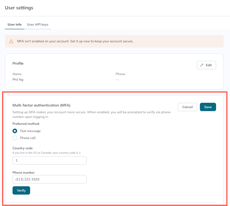 A user chooses text message for the verification method and enters their phone number.