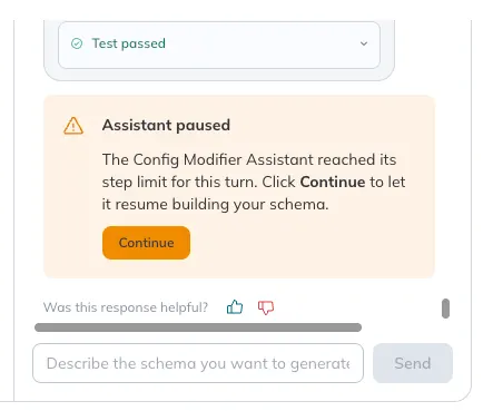 A warning message indicates that the AI assistant has reached its step limit and has paused. 