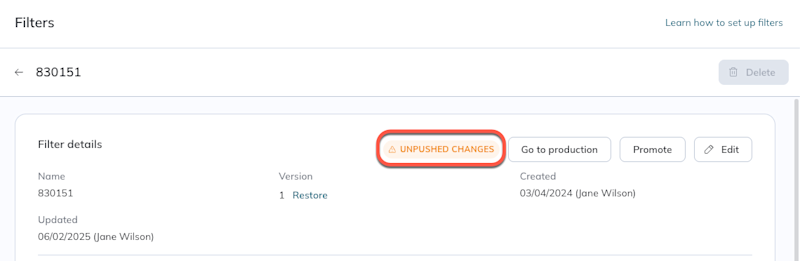 The unpushed changes warning appears under the filter details. 