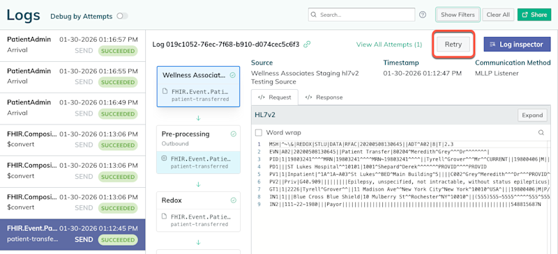 The Retry button is at the top right corner of the log details. 