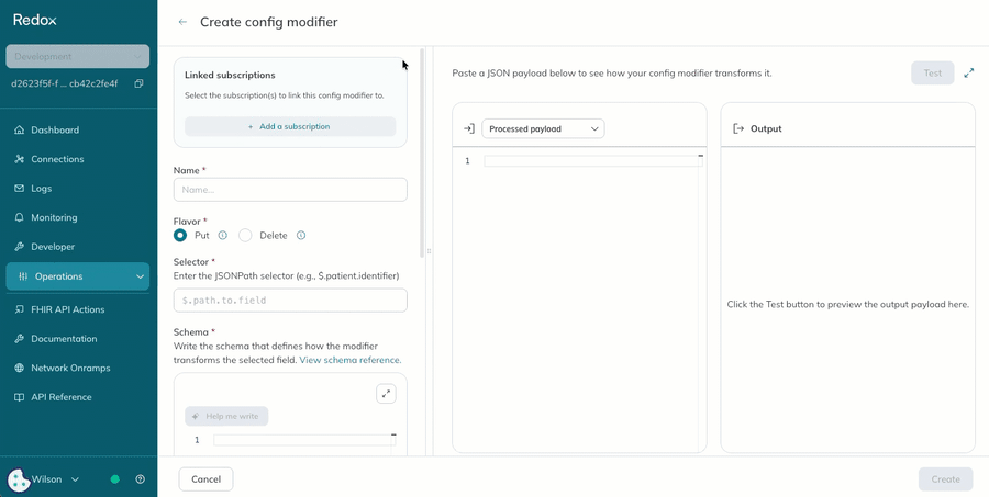 A user selects the connection, subscription, and processing location for the new config modifier.