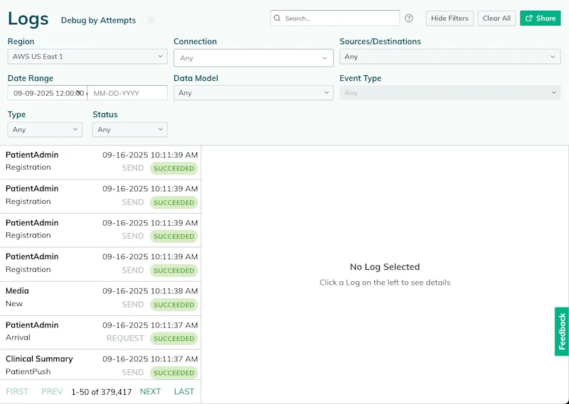 The Logs page in the Redox dashboard