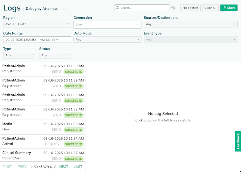 The Logs page in the Redox dashboard