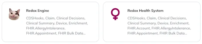 The two default connections are named "Redox Engine" and "Redox Health System." 