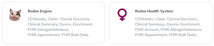 The two default connections are named "Redox Engine" and "Redox Health System." 