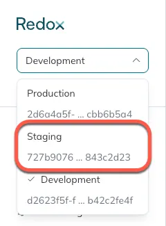 The environment drop-down field in the top left corner of the Redox allows you to switch between environments. The environment drop-down field in the top left corner of the Redox allows you to switch between environments.