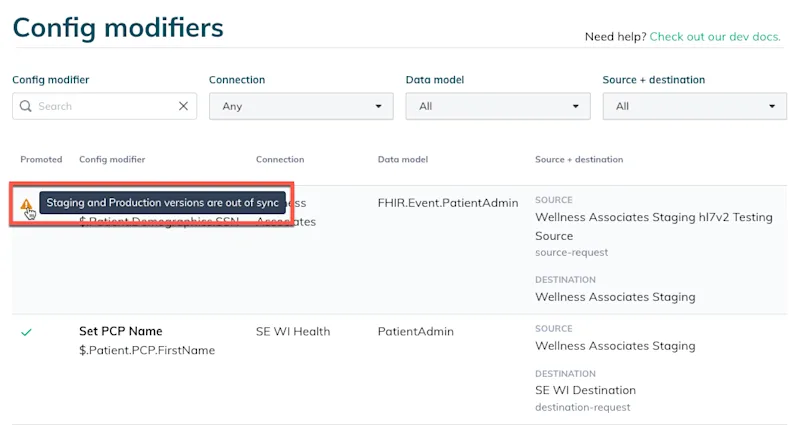 A warning appears on the table when a config modifier has out of sync versions. A warning appears on the table when a config modifier has out of sync versions.