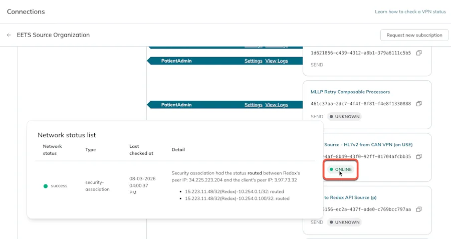 A user hovers over the VPN dot to view the status details.