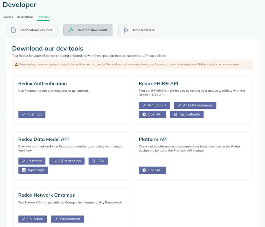 Dev Tool downloads are grouped together under the Developer > Test Tools page of the Redox dashboard.