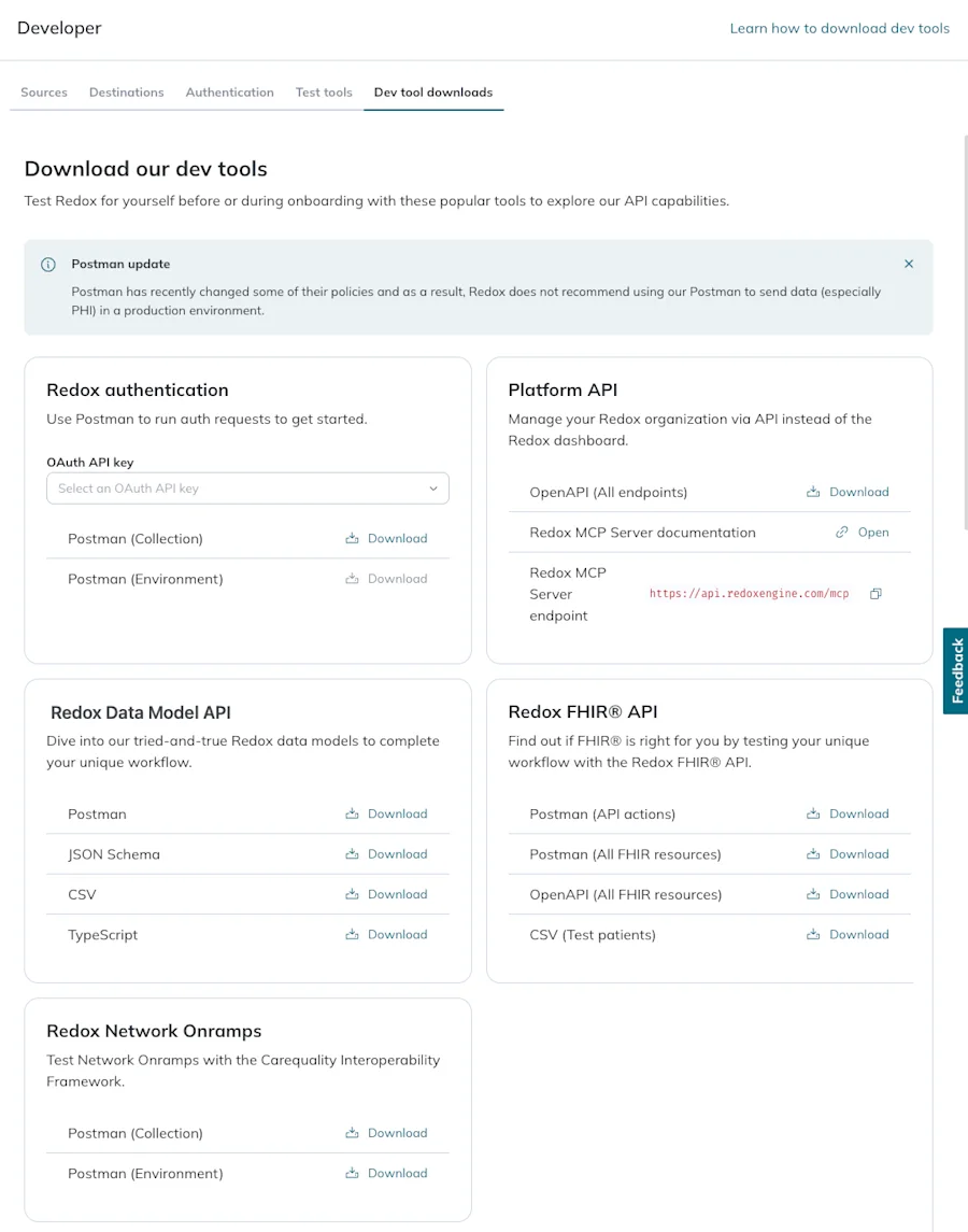 Dev Tool downloads are grouped together under the Developer > Test Tools page of the Redox dashboard.