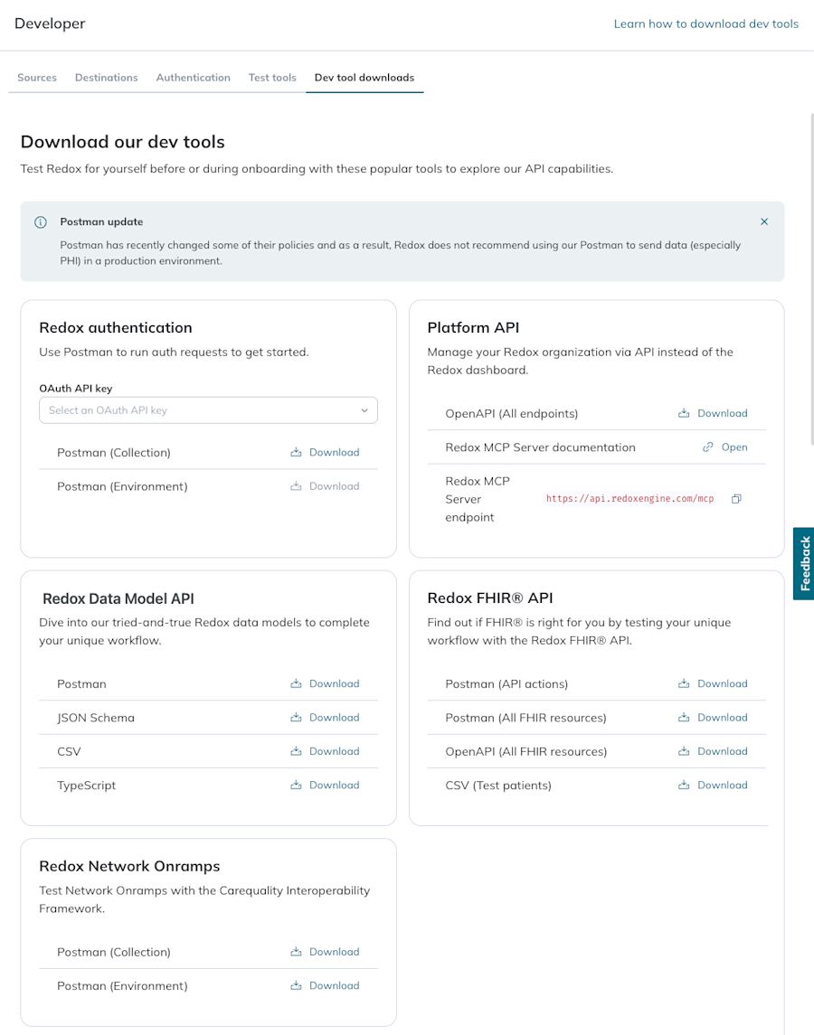 Dev Tool downloads are grouped together under the Developer > Test Tools page of the Redox dashboard.