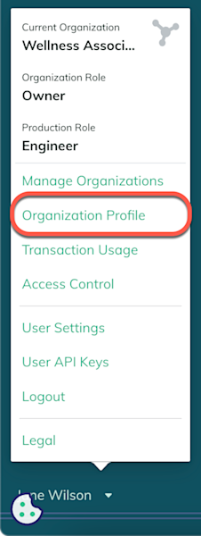 Organization Profile option of the user menu