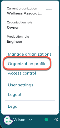 The Organization Profile option is the second option of the user menu. The Organization Profile option is the second option of the user menu.