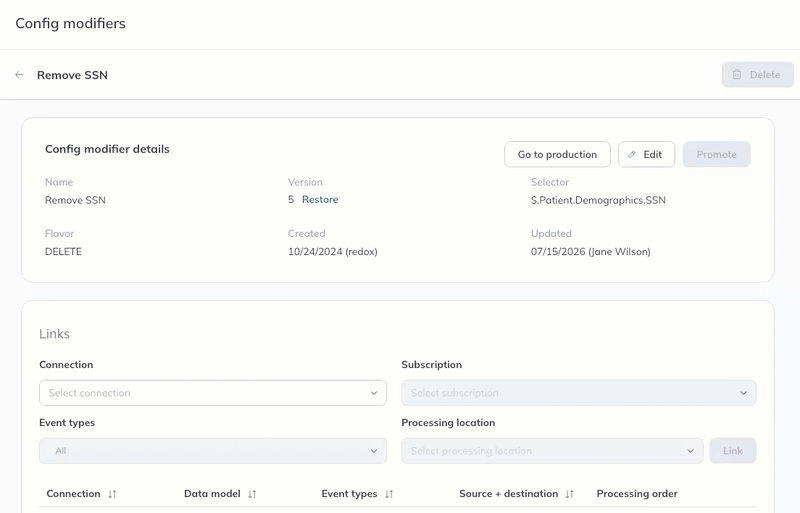 A user deletes one of the existing links from the Details page.