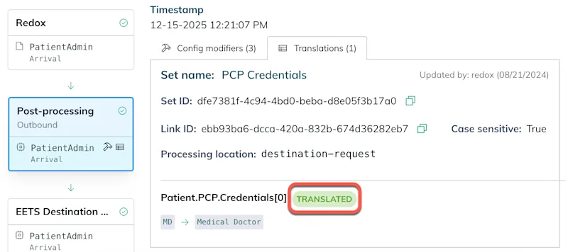 The translated status appears to the right of the field name if the translation is successful. 