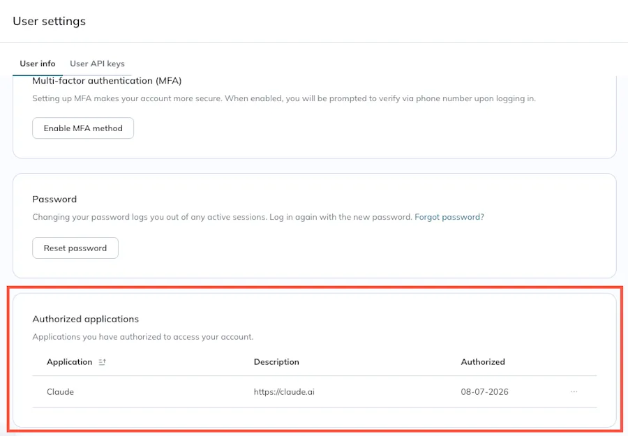 The Authorized applications section appears at the bottom of the User info tab.
