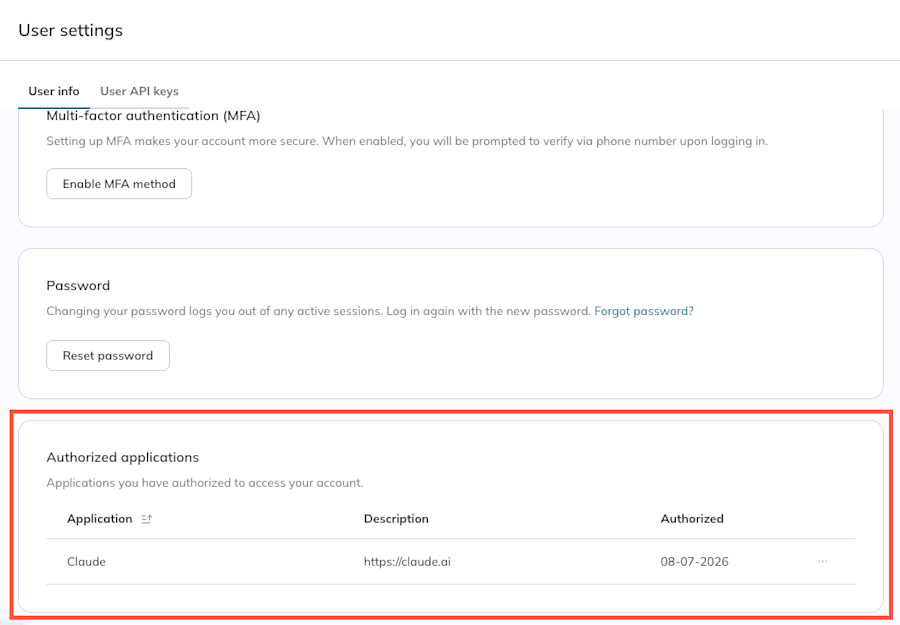 The Authorized applications section appears at the bottom of the User info tab.