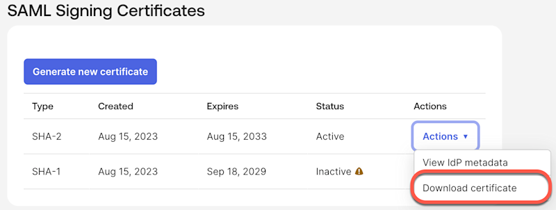 Okta: Download signing certificate to populate the Redox public key