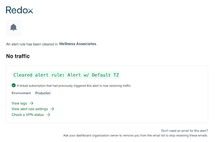 An example of an email notification for a resolved alert rule.