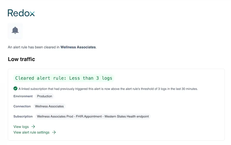 An example of an email notification for a cleared alert rule. An example of an email notification for a cleared alert rule.