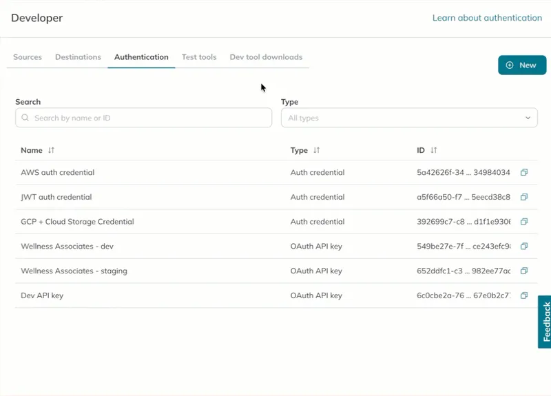 On the New auth credential form, a user enters a name and selects the auth strategy type.