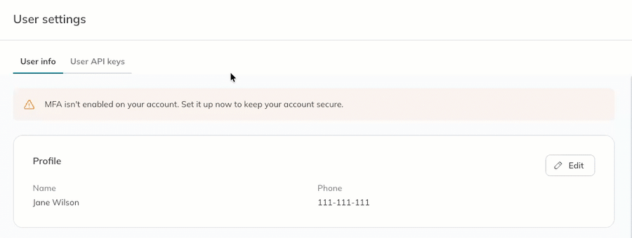 A user edits their phone number and saves the changes.