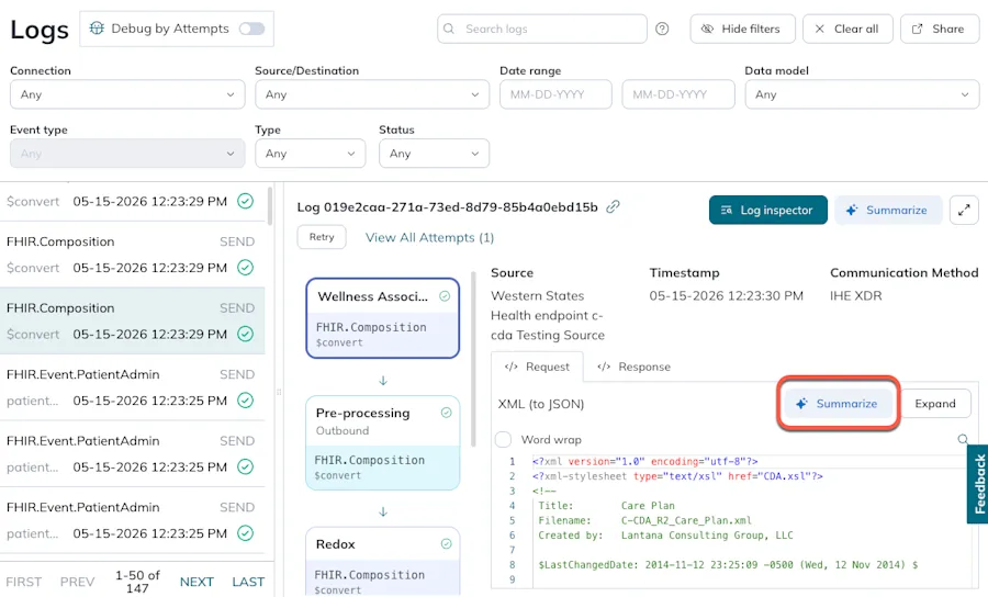 Highlights the Summarize button on the top right of a log payload.