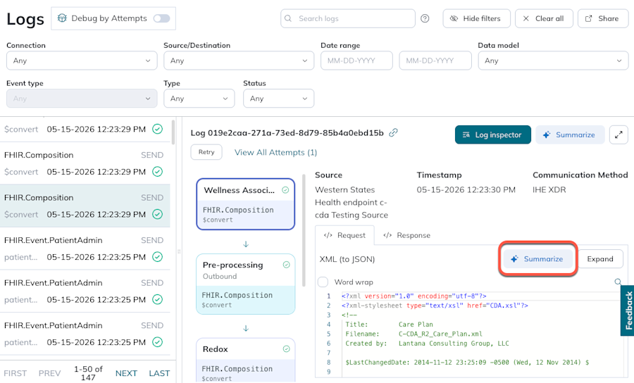 Highlights the Summarize button on the top right of a log payload. Highlights the Summarize button on the top right of a log payload.