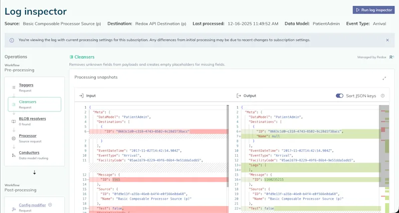 Log inspector is available within the Logs page of the Redox dashboard.