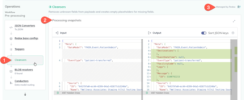 Select an operation on the left-hand menu to see processing snapshots in the center, as well as the owner of the operation in the top right.