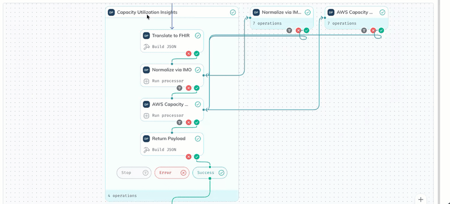 A user clicks an operation node and scrolls down to view the payload snapshot at that point in processing time.