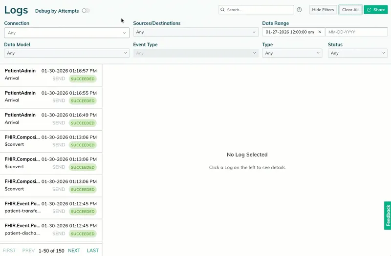 A user scrolls through the log processing stages and details. 