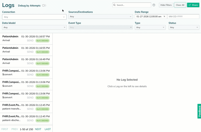 A user scrolls through the log processing stages and details. 