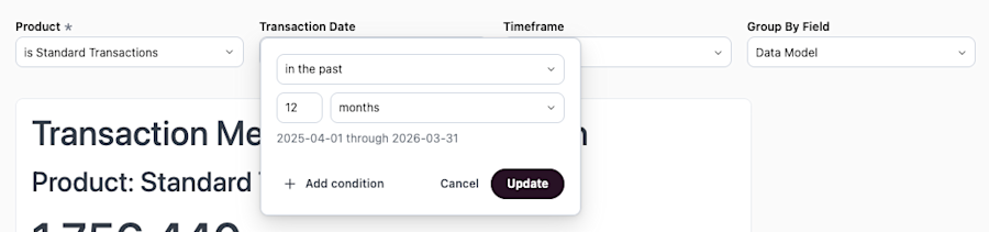 A user selects to filter to transactions in the past 12 months. A user selects to filter to transactions in the past 12 months.