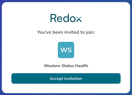 The Welcome page allows a user to accept an invitation to the Redox organization.